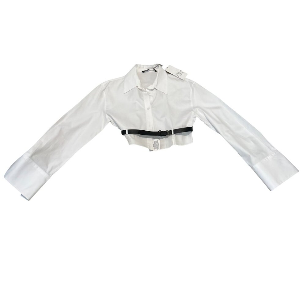 ZARA White Cropped Poplin Shirt Black Faux Leather Harness Detail Blouse SZ /XS - Picture 6 of 10